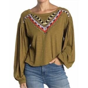 Free People Hand Me Down Moss Embroidered Collar Top M/L